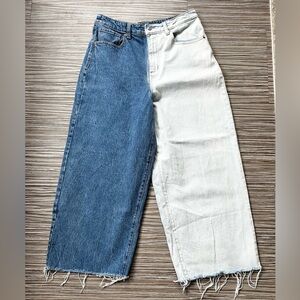 Wild Fable Two Tone Blue/White Wide Leg Cropped Raw Hem Cut Off Denim Jeans